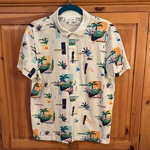 🐷 Lacoste Men’s White Polo with Multicolor Tropical Print Crocodile